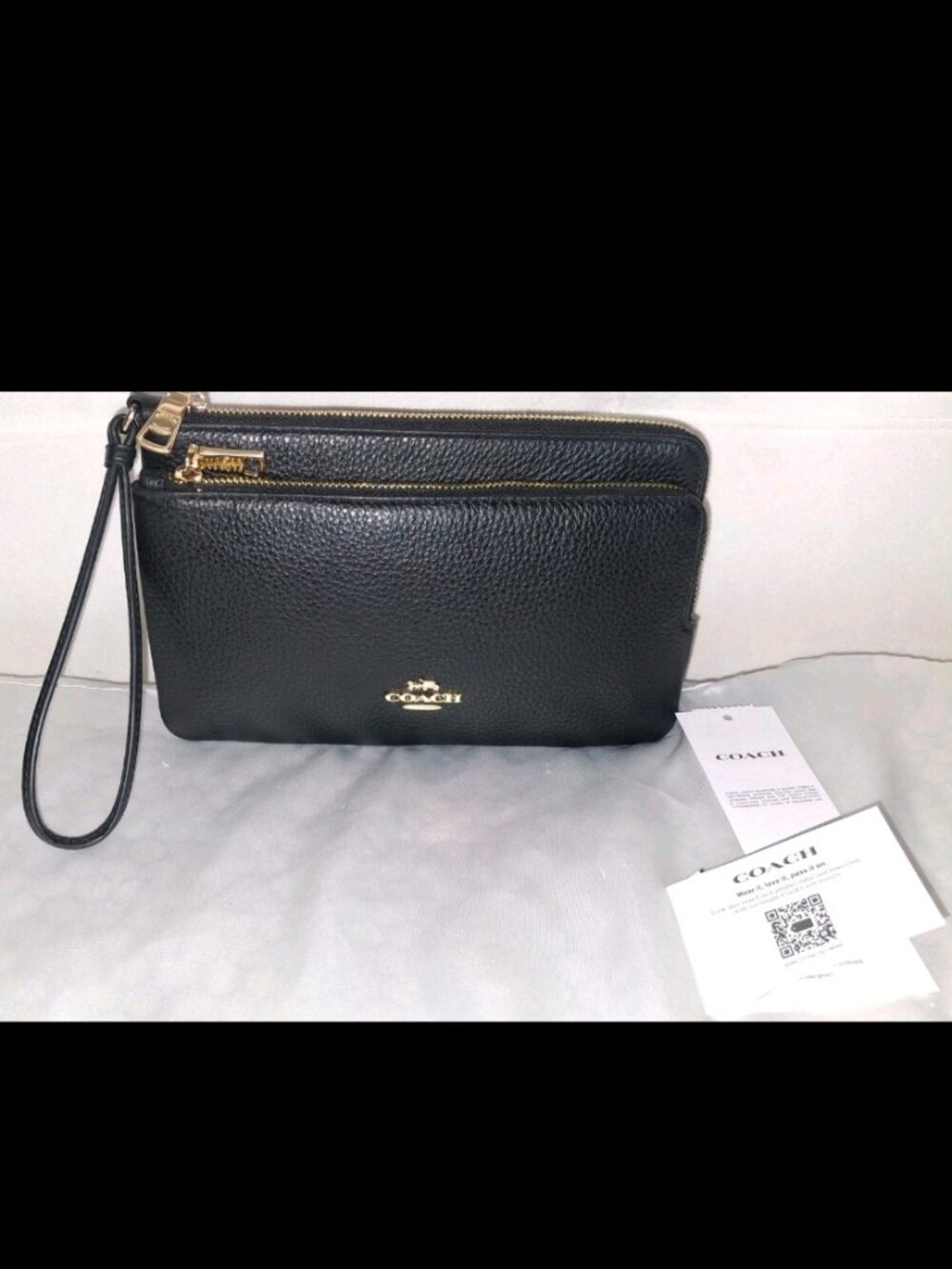 Coach Double Zip Wallet Wristlet Black Pebble Leather Gold Tone CU919 NWT - Picture 2 of 11
